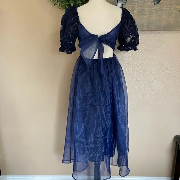 NWOT Lulus Significant Splendor Navy Organza Pleated Puff Sleeve Midi Dr… - Picture 5 of 11